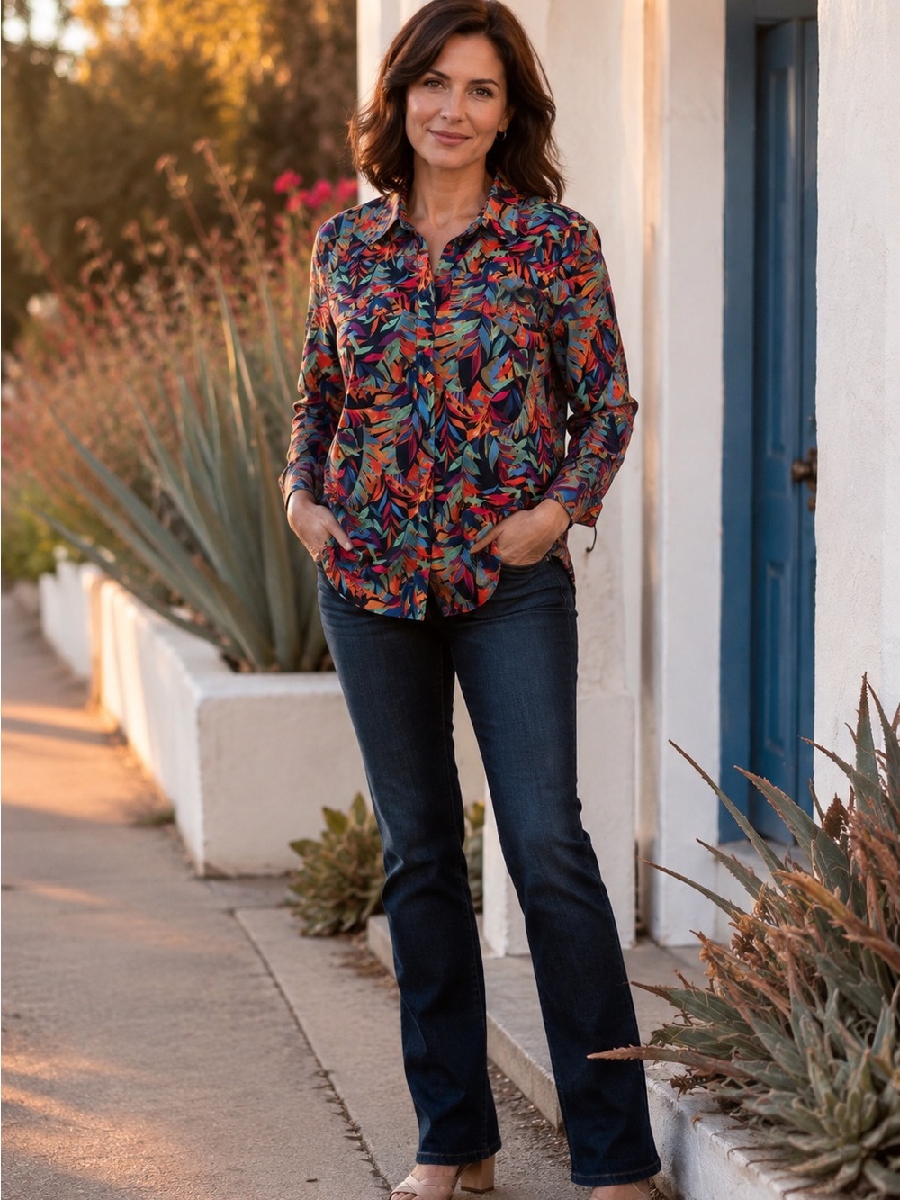 Reel Legends Multicolor Leaf Print Button-Up Blouse L